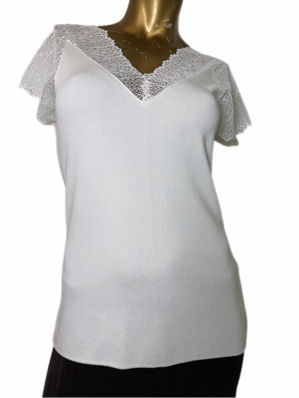 Nicole Miller White Zig-zag sheer Lace double v-neck poly/rayon Knit Top Size M